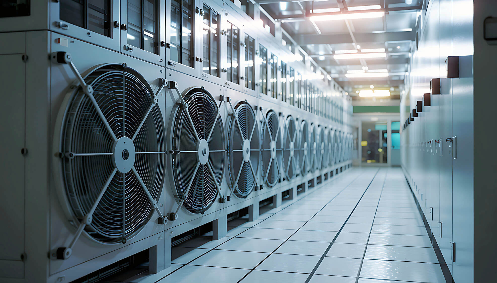 Row of industrial cooling fans and server racks in a data center