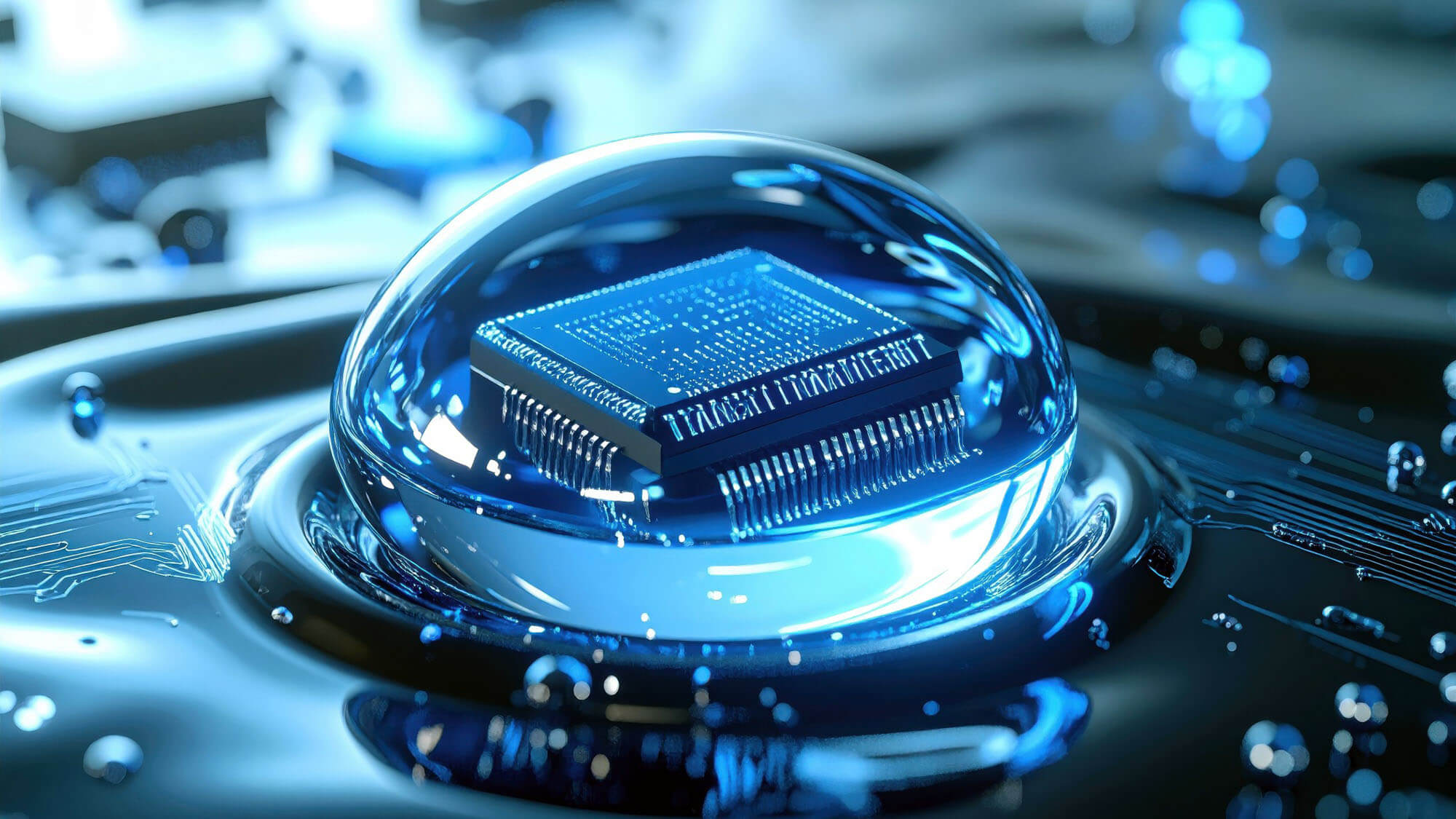 Advanced Microchip Encapsulated in a Glowing Blue Water Droplet on a Circuit Board 