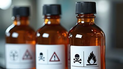Amber chemical bottles with hazard warning symbols representing UK REACH chemical safety and compliance.